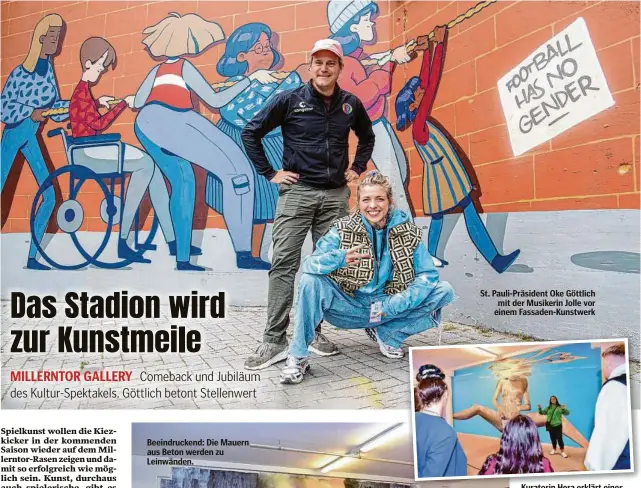 ?? ?? St. Pauli-Präsident Oke Göttlich mit der Musikerin Jolle vor einem Fassaden-Kunstwerk