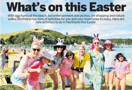  ?? ?? Dig at the beach and look for Easter eggs at Otehei Bay (left); indulge in delicious food by the bay at the Marina Cafe (middle); discover a diverse collection of art from both local amateurs and national artists at the Whangarei Heads Arts Trail (below).