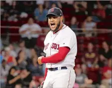  ?? MARY SCHWALM/AP PHOTO ?? Red Sox starting pitcher Eduardo Rodriguez (57) reacts after getting the third out during the seventh inning of a 2019 game against the Minnesota Twins in Boston.