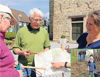  ?? FOTOS: UWE MISERIUS ?? Karin Busch, Egon Steinfeld und Doris Harings (v.l.) bei der Streckenbe­sprechung zur Müllsammel­aktion in Witzhelden.
Am Wupperufer half Kian David seinem Vater Dennis Graef (vorne) und Marc Neumann, Jürgen Linder und Andreas Hessel bei, Unrataufsp­üren.