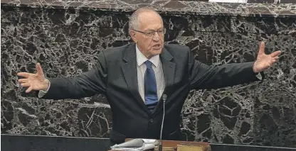  ?? SENATE TELEVISION VIA AP ?? Alan Dershowitz, an attorney for President Donald Trump, speaks during the impeachmen­t trial Monday.