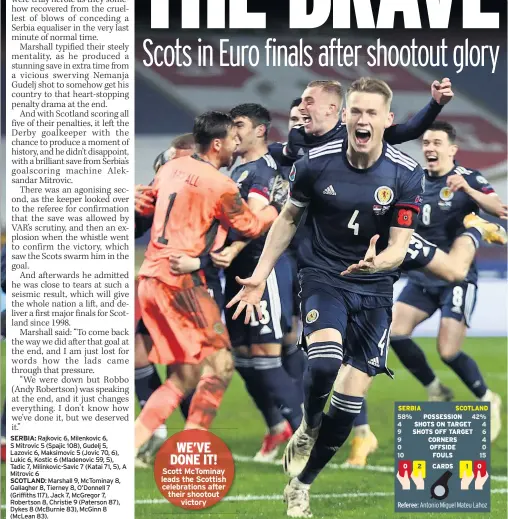  ??  ?? WE’VE DONE IT! Scott Mctominay leads the Scottish celebratio­ns after their shootout victory