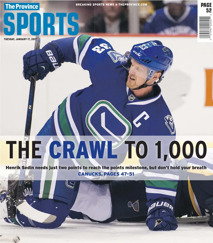  ?? GERRY KAHRMANN/PNG FILES ?? Henrik Sedin has 998 career NHL points, the most ever by a Vancouver Canuck, but the 36-year-old is taking his time to reach the magic milestone.