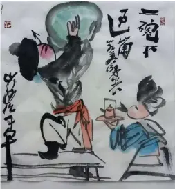  ??  ?? 戏曲人物水墨画《三碗不过岗》/ 李英杰。这部作品张力无限，书法与绘画相得益彰。