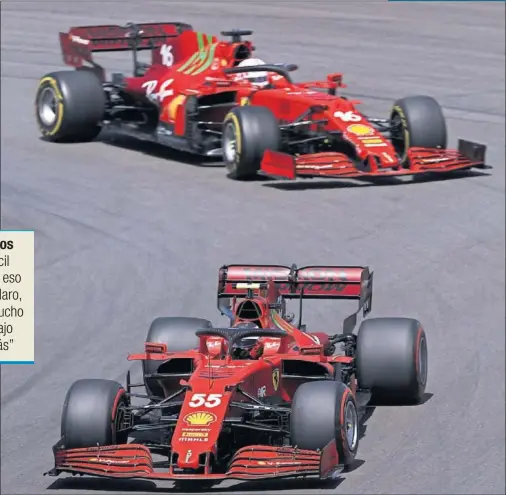  ??  ?? Carlos Sainz rueda por delante de su compañero Charles Leclerc durante el último GP de Portugal en el circuito de Portimao, el pasado mayo.