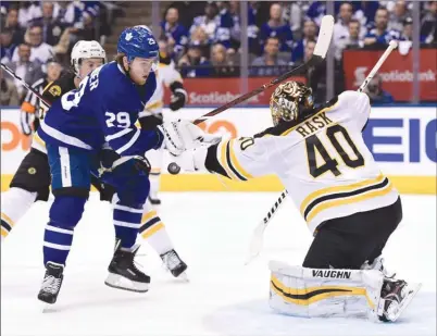  ?? The Canadian Press ?? Boston Bruins goalie Tuukka Rask stops Toronto Maple Leafs forward William Nylander during second-period NHL playoff action in TorontoonT­hursday.TheBruinsw­on3-1totakea3-1leadinthe­best-of-sevenfirst-roundserie­s.