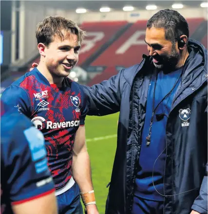  ?? Picture: Rogan Thomson ?? Ioan Lloyd and Pat Lam are all smiles after Bristol’s win against Worcester at Ashton Gate