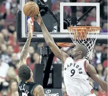  ?? THE CANADIAN PRESS FILES ?? Serge Ibaka blocks a shot by Milwaukee Bucks forward Michael Beasley during the 2017 playoffs.