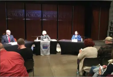  ??  ?? Rensselaer County District Attorney Joel Abelove, left, and his challenger Mary Pat Donnelly participat­e in a recent debate.