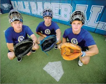  ?? Allen J. Schaben Los Angeles Times ?? SANTA MARGARITA catchers, from left, Luke Lavin, Blake Balsz and Bryce Humphry. The three figure to have bright futures in college with Lavin committed to Stanford, Balsz UCLA and Humphry San Francisco.