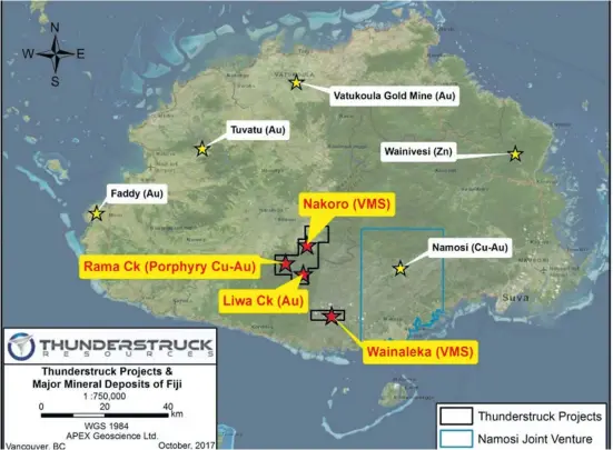  ??  ?? Exploring for zinc,copper,silver and gold in Fiji.Thunderstr­uck sites are Rama Creek,Nakoro,Liwa Creek and Wainaleka.