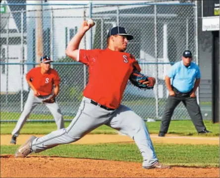  ?? JOHN BREWER - ONEIDA DAILY DISPATCH ?? Sherrill Post 230starter Ryan Chevier deals a pitch against Smith Post 24on Tuesday, June 12, at Noyes Park.