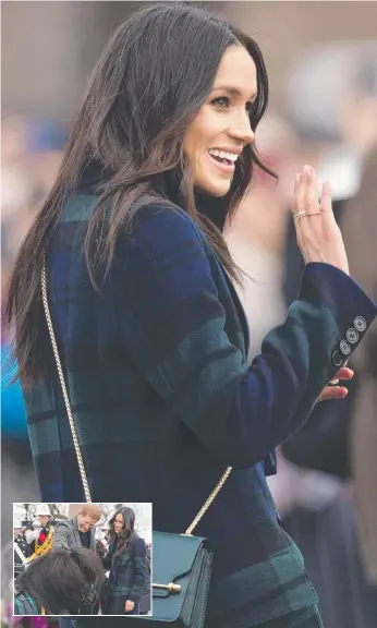  ?? Picture: GETTY IMAGES ?? Meghan Markle waves to the crowd during a walk at Edinburgh Castle. Inset: Prince Harry and Markle meet regimental mascot Cruachan IV, a shetland pony.