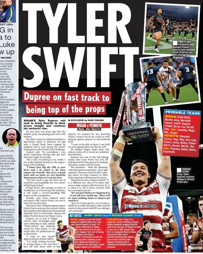  ?? ?? PEN-T UP: Panthers star James FisherHarr­is and (below) Tyler Dupree on the charge for England
RISING STAR: Prop Tyler Dupree enjoys Wigan’s Grand Final win