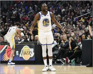  ?? KEVORK DJANSEZIAN — GETTY IMAGES) ?? The Warriors' Draymond Green reacts after receiving a technical foul during the first half against the Los Angeles Clippers at Crypto.com Arena on Wednesday in Los Angeles. It was his 16th of the season.