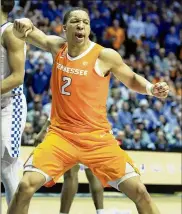  ?? ANDY LYONS / GETTY IMAGES ?? Tennessee’s Grant Williams celebrates during Saturday’s SEC semifinal win over Kentucky in Nashville, Tenn. The Vols haven’t won the SEC title since 1979.