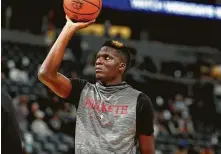  ?? David Zalubowski / Associated Press ?? Rockets center Clint Capela is putting pressure on his right hand after having to treat it gingerly following thumb surgery.