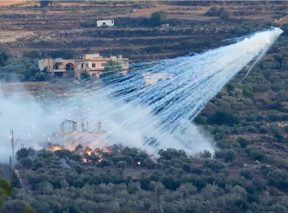  ?? UNCERTAIN LIFE
AP ?? A shell that appears to be highly dangerous white phosphorus from Israeli artillery explodes over a house in Al-Bustan, a Lebanese village along the border with Israel, on Oct. 15, last year.