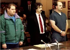  ??  ?? ABOVE: A report of the attack on Nancy Kerrigan. LEFT: Shawn Eckardt (left), who planned the attack, and getaway driver Derrick Smith (right) face the judge with Smith’s attorney (centre). OPPOSITE: Margot Robbie as Tonya in the movie and with Tonya at...