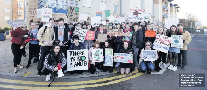  ??  ?? More than 60 students of Gosforth Academy Sixth Form protest outside the school gates