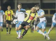  ?? PICTURE: MATT KIRKHAM ?? BIRTHDAY BOY: Harrogate Town’s Brendan Kiernan, 28 yesterday, under pressure from Hull City’s Brandon Fleming.