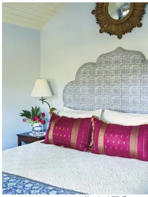  ??  ?? MODERN MIX. A combinatio­n of factors makes this upstairs bedroom a serene retreat for one of the homeowners’ daughter, who likes it in part because it’s next to the rooms often used by her children. The Indian-inspired headboard is by John Robshaw,...