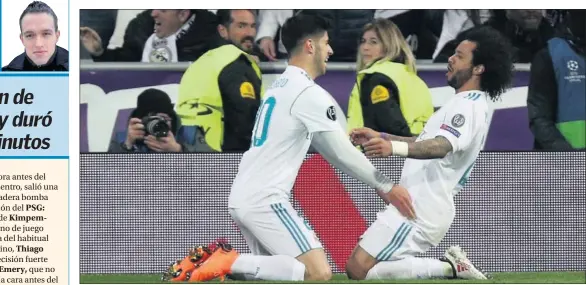  ??  ?? EL PASE DEL 3-1. Asensio le dio la asistencia a Marcelo para que el brasileño hiciera un tanto que hizo que el Bernabéu se viniera abajo...