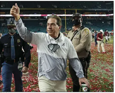  ?? (AP file photo) ?? Nick Saban and Alabama begin defense of their national championsh­ip Saturday against Miami (Fla.) at Mercedes-Benz Stadium in Atlanta.