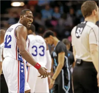  ?? CHUCK BURTON — THE ASSOCIATED PRESS ?? The 76ers’ Elton Brand, left, reacts after getting called for a technical foul by referee Scott Twardoski, right, during a game against the Charlotte Hornets April 2016. Brand was in his second tenure with the Sixers.