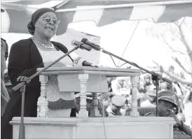  ??  ?? Bulawayo Minister for Provincial Affairs Cde Nomthandaz­o Eunice Moyo delievers a speech at the Bulawayo Provincial Heroes’ Acre in Nkulumane yesterday