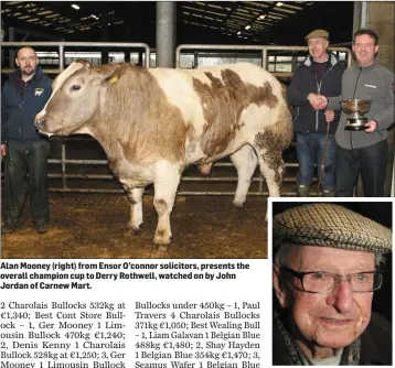  ??  ?? Alan Mooney (right) from Ensor O’connor solicitors, presents the overall champion cup to Derry Rothwell, watched on by John Jordan of Carnew Mart. Murt O’Keeffe.