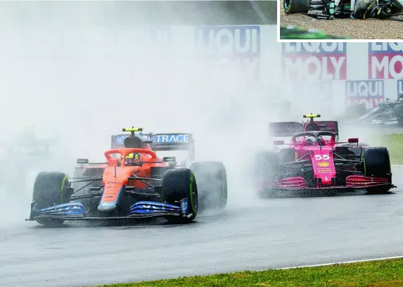  ?? FOTOS: EFE/EP ?? Sainz, en pleno diluvio. Arriba, Russell discute con Bottas después de su accidente