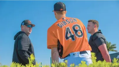  ?? ORIOLES KARL MERTON FERRON/BALTIMORE SUN ?? Orioles pitcher Kyle Gibson talks with manager Brandon Hyde, left, and catcher James McCann during spring training. Gibson is in the running to be the Orioles’ opening day starter, but that’s one of many questions still to be answered.