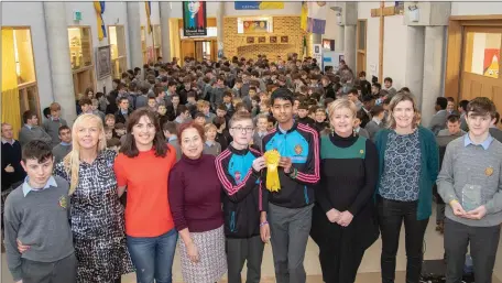  ??  ?? Transition Year Students CBS The Green make it 3 in a row at the BT Young Science 2020 last week end, Joshua O’Sullivan and Swithin Pais with their science teachers and principal and other winners, L-r: Tadhg Scanlon, Jennifer Stack, Marie Fitzgerald and Geraldine O’Shea (science Teacher), Joshua O’Sullivan and Switrhin Pias (winners), Ann O’Callaghan (principal) Eileen Enright (Science Teacher) and Ruarai Healy. Photo Joe Hanley