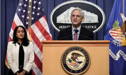  ?? ?? During a press conference on Tuesday, the US attorney general, Merrick Garland, announced the lawsuit alongside representa­tives from the justice department’s reproducti­ve rights taskforce. Photograph: Drew Angerer/Getty Images