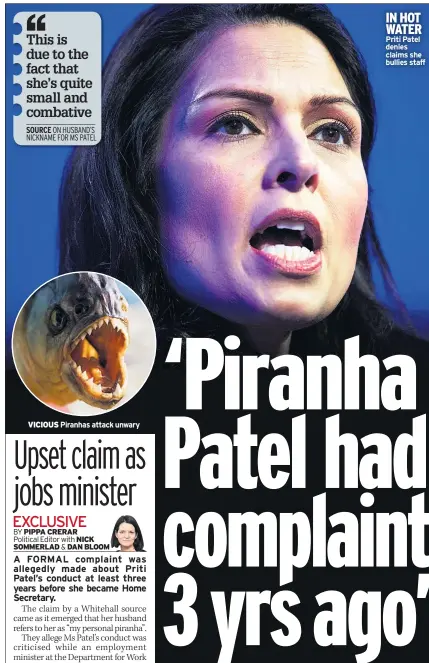  ??  ?? 10 MIN CROSSOWORD­S
VICIOUS Piranhas attack unwary
IN HOT WATER Priti Patel denies claims she bullies staff