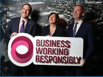  ??  ?? JASON CLARKE
AIB’s Jim O’Keeffe (right) with Tesco Ireland CEO Kari Daniels with Tomas Sercovich of Business in the Community Ireland. AIB and Tesco have both signed up to the Low Carbon Pledge