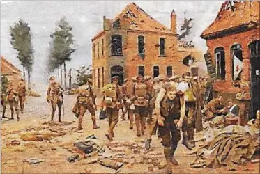  ?? PHOTO COURTESY HOBIE MORRIS ?? One of Adolph Hitler’s purported favorite paintings, showing Private Henry Tandey carrying a wounded soldier.