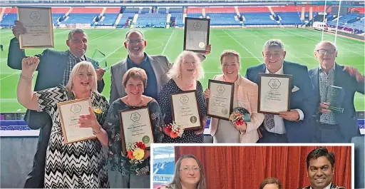  ?? ?? ●●Norden in Bloom celebratin­g their win at North West in Bloom at Bolton Wanderers’ stadium and (right) the young bloomer of the year award went to Ava and Elias Avellanet who are pictured with Mayor Cllr Ali Ahmed and Cllr Rachel Massey..