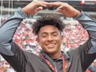  ?? LORI SCHMIDT/THE COLUMBUS DISPATCH ?? Kamryn Babb has torn his right ACL twice and his left ACL twice during his Ohio State playing career. He was a four-star recruit out of St. Louis.