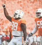  ?? JAMAR COACH/NEWS SENTINEL ?? Tennessee tight end Princeton Fant (88) celebrates a touchdown reception during the Volunteers’ win over Alabama on Oct. 15 in Neyland Stadium in Knoxville.