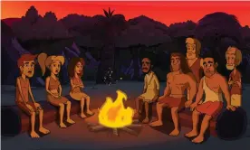  ??  ?? ‘By episode three, staring at fire has become the group’s primary leisure activity’ ... Human Discoverie­s. Photograph: Facebook Watch