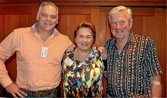  ??  ?? Softball royalty Mark Sorenson, Naomi Shaw and Bill Massey. The trio were part of a big group of Hutt Valley stalwarts at the world premier of Batter Up.