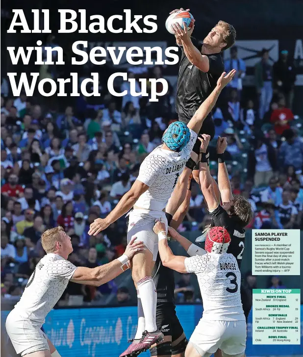  ?? AP ?? New Zealand’s Scott Curry (top) reaches for the ball over England’s Richard de Carpentier (centre) during the Rugby Sevens World Cup championsh­ip final in San Francisco. New Zealand won 33-12. —