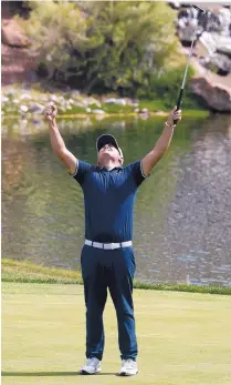  ?? GREG SORBER/JOURNAL ?? Tyler Torano reacts after making a 30-foot putt at the New Mexico Open at Sandia Golf Club on Thursday.