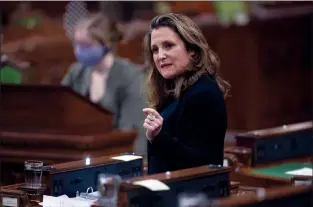  ?? CP PHOTO ADRIAN WYLD ?? Deputy Prime Minister and Minister of Finance Chrystia Freeland responds to a question during Question Period in the House of Commons on Tuesday in Ottawa.