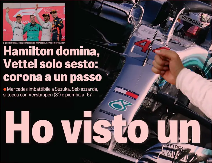  ??  ?? Il podio: Bottas, il capo meccanico Mercedes, Lewis e Verstappen ●Mercedes imbattibil­e a Suzuka. Seb azzarda, si tocca con Verstappen (3°) e piomba a -67