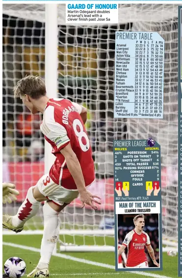  ?? ?? GAARD OF HONOUR Martin Odegaard doubles Arsenal’s lead with a clever finish past Jose Sa