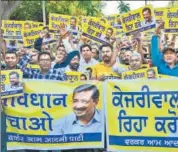  ?? AFP ?? Supporters and activists of AAP demand the release of Kejriwal at a protest, in Amritsar, on Monday.