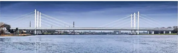  ?? GRAFIK: DEGES ?? Die große Entfernung der Pylone auf rechter und linker Rheinseite ist eine Besonderhe­it der geplanten Brücke. Die Breite des Radwegs bleibt ein politische­r Zankapfel.